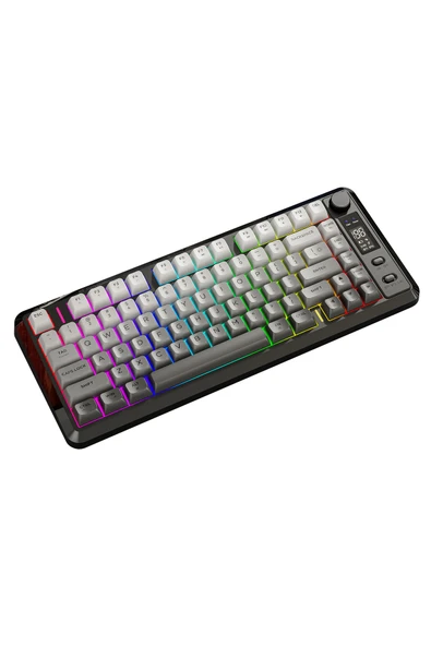 FreeWolf M75 kablosuz 2.4ghz kablosuz + bt çift Modlu klavye Led Ekranlı oyun klavyesi ile PBT Knob Rainbow - Resim 3