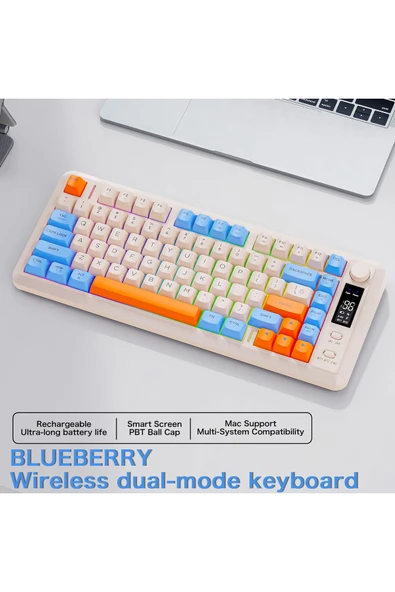 FreeWolf M75 kablosuz 2.4ghz kablosuz + bt çift Modlu klavye Led Ekranlı oyun klavyesi ile PBT Knob Rainbow - Resim 2