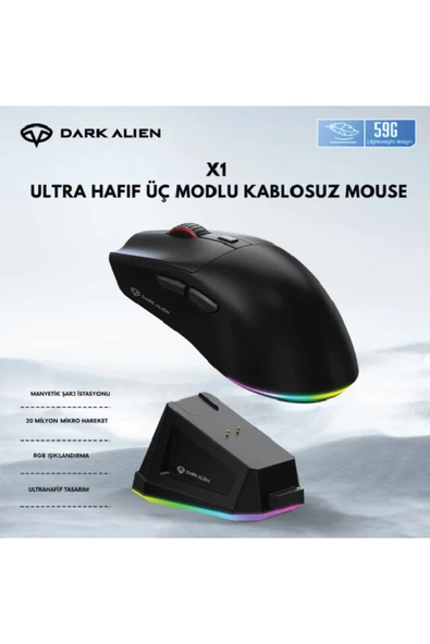 silabor Dark Alien X1 Light Tri Mode Wired Wireless Gaming Mouse PAW3311 59 Gram Şarj İstasyonu ürün görseli