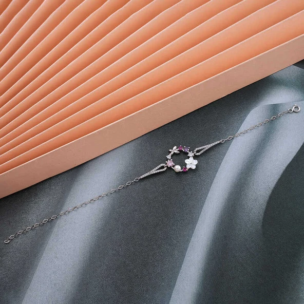 925 Ayar Gümüş Manolya Çiçeği Kelebek Kadın Bileklik - Resim 2