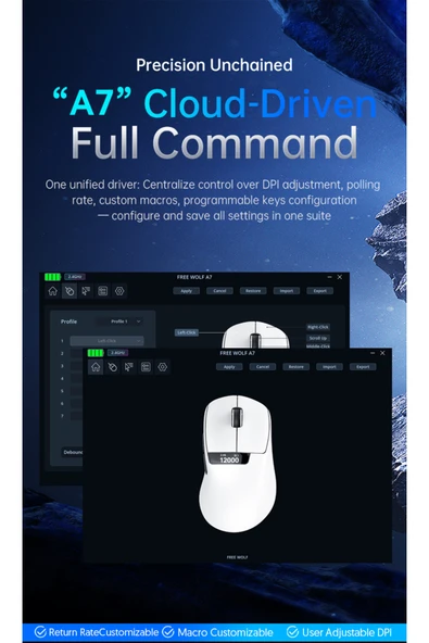 FreeWolf A7 Üç Mod Kablosuz Fare Hafif PAW3311 Oyun BT Ekran Fare RGB Şarj Standı Fare ile - Resim 4