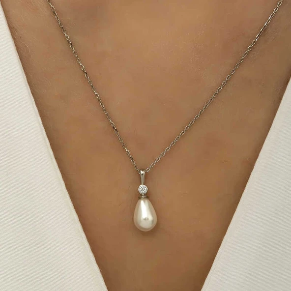 925 Ayar Gümüş Damla İnci Bayan Gümüş Kolye - Resim 3