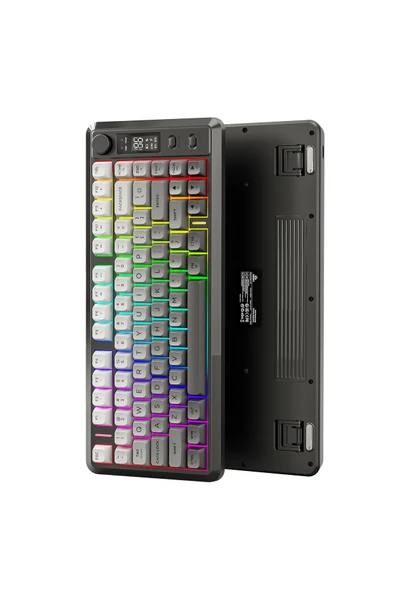 FreeWolf M75 kablosuz 2.4ghz kablosuz + bt çift Modlu klavye Led Ekranlı oyun klavyesi ile PBT Knob Rainbow - Resim 2