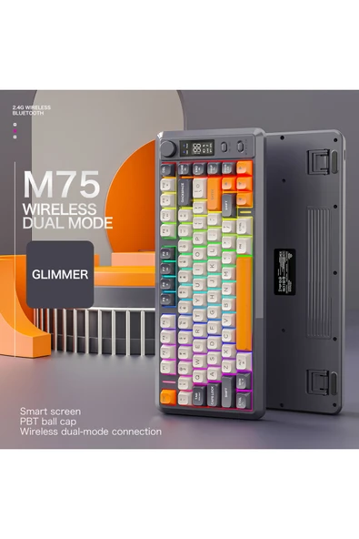 FreeWolf M75 kablosuz 2.4ghz kablosuz + bt çift Modlu klavye Led Ekranlı oyun klavyesi ile PBT Knob Rainbow - Resim 3