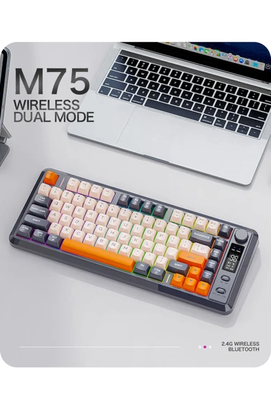 FreeWolf M75 kablosuz 2.4ghz kablosuz + bt çift Modlu klavye Led Ekranlı oyun klavyesi ile PBT Knob Rainbow ürün görseli