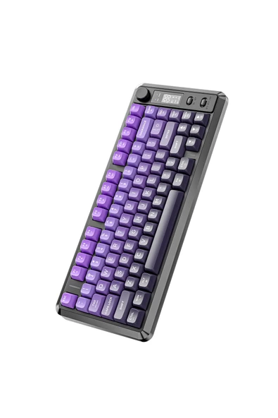 FreeWolf M75 kablosuz 2.4ghz kablosuz + bt çift Modlu klavye Led Ekranlı oyun klavyesi ile PBT Knob Rainbow - Resim 4