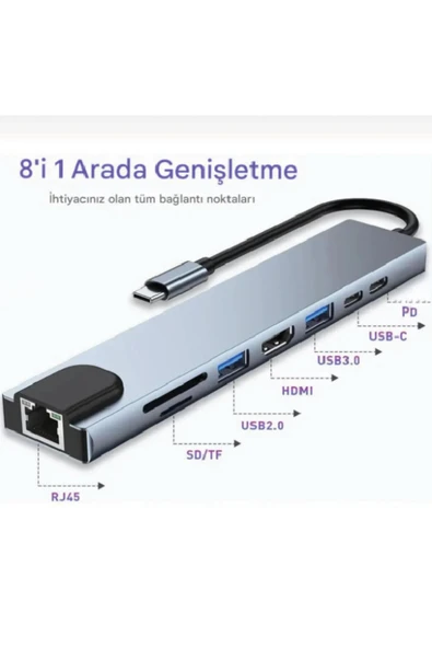 silabor 8 In 1 Macbook Pro Air Usb Type-c Hub Dönüştürücü Çevirici Çoklayıcı Usb Hdmı Micro Sd Girişli - Resim 4