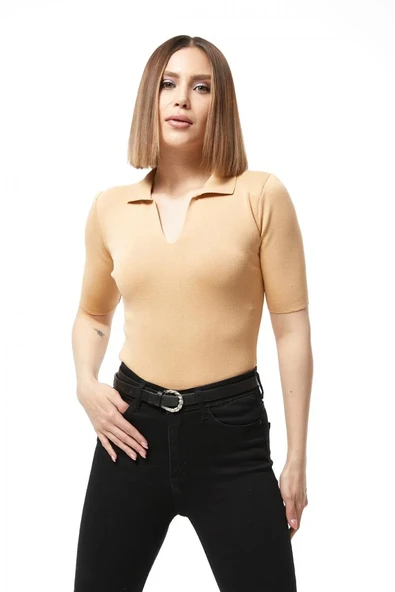 Gömlek yaka yazlık triko bluz ürün görseli 1