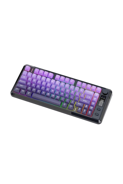 FreeWolf M75 kablosuz 2.4ghz kablosuz + bt çift Modlu klavye Led Ekranlı oyun klavyesi ile PBT Knob Rainbow - Resim 5