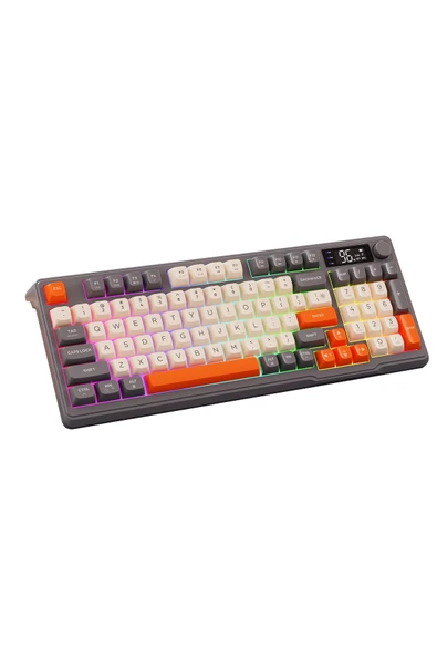 FreeWolf M96 kablosuz 2.4ghz kablosuz + bt çift Modlu klavye Led Ekranlı oyun klavyesi ile PBT Knob Rainbow - Resim 5