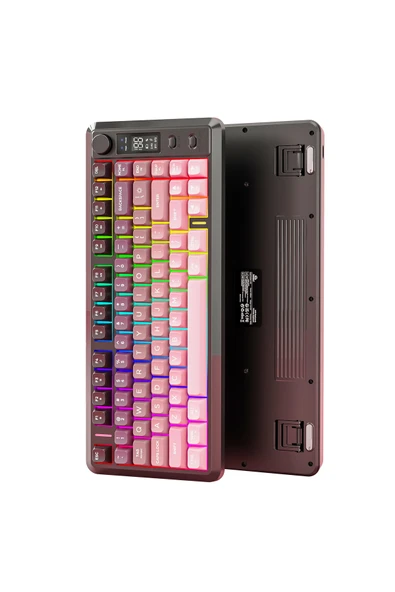 FreeWolf M75 kablosuz 2.4ghz kablosuz + bt çift Modlu klavye Led Ekranlı oyun klavyesi ile PBT Knob Rainbow - Resim 2