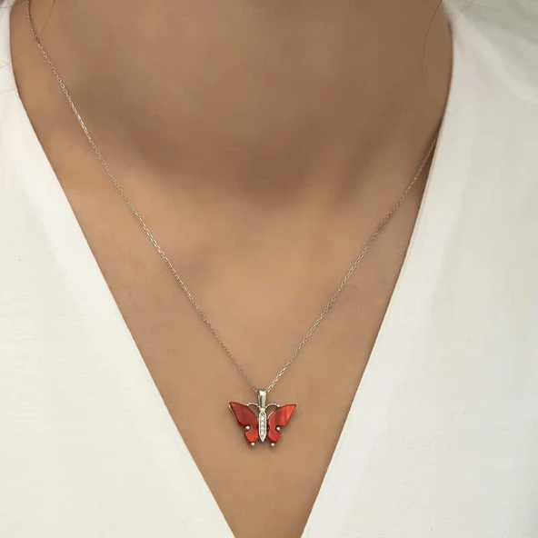 Gümüş Kırmızı Kaplangözü Taşlı Kelebek Kolye - Resim 4