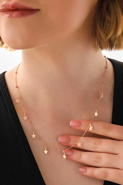 925 Ayar Gümüş Rose Yıldızlı Dorika Kadın Gümüş Kolye - Resim 2