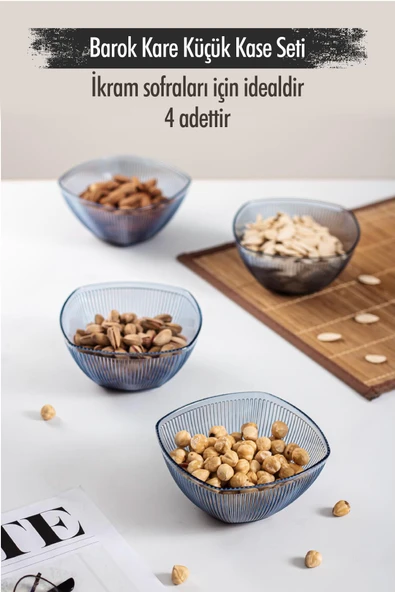 Akrilik Barok Lacivert Kare 4'lü Küçük Kase Seti & Çerezlik & Sunumluk & İkramlık (Cam Değildir) 6884DP4 ürün görseli 1