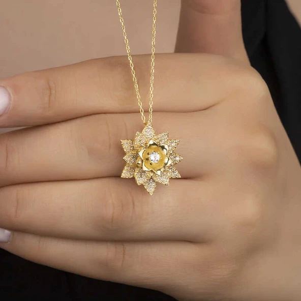 925 Ayar Gümüş Gold Beyaz Taşlı Lotus Çiçeği Kadın Kolye - Resim 2
