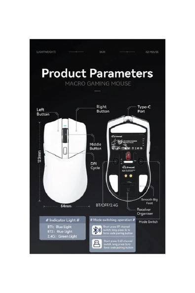 FreeWolf X2 Kablosuz (3 MODLU)24.000dpı Oyuncu Mouse Paw3311 Sensör Şarj Istasyon Tape Ve Skatez - Resim 2