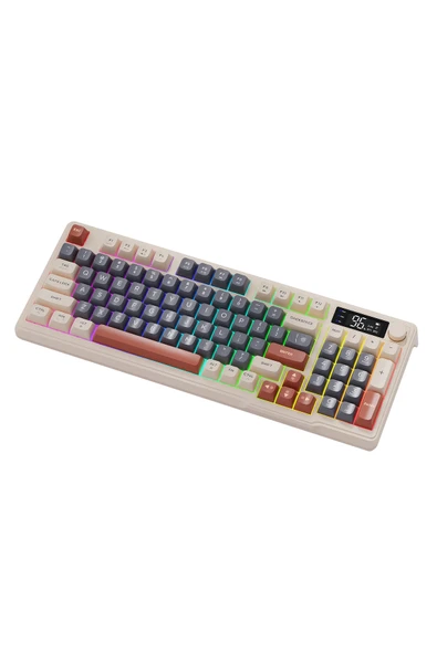 FreeWolf M96 kablosuz 2.4ghz kablosuz + bt çift Modlu klavye Led Ekranlı oyun klavyesi ile PBT Knob Rainbow - Resim 2