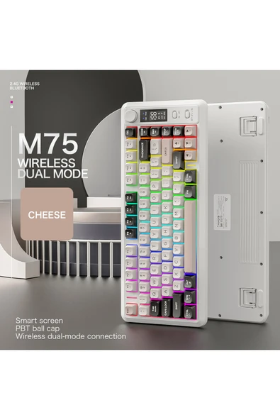 FreeWolf M75 kablosuz 2.4ghz kablosuz + bt çift Modlu klavye Led Ekranlı oyun klavyesi ile PBT Knob Rainbow - Resim 2