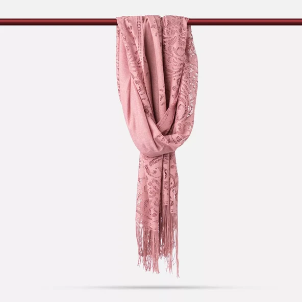 Dantelli Püsküllü Şal (Mevlid Örtüsü, 166x61 cm.  Pembe) - Resim 2