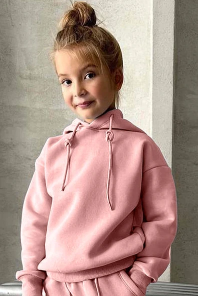 Kız Çocuk Şardonlu İp Detaylı Sweatshirt Pamuklu Pembe Eşofman Takım - Resim 3