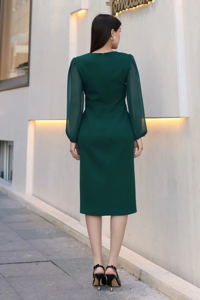 V Yaka Şifon Kollu Yırtmaçlı Midi Elbise 6015-Yeşil - Resim 7