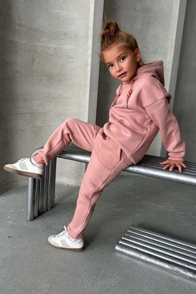 Kız Çocuk Şardonlu İp Detaylı Sweatshirt Pamuklu Pembe Eşofman Takım - Resim 2