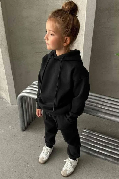 Kız Çocuk Şardonlu İp Detaylı Sweatshirt Pamuklu Siyah Eşofman Takım - Resim 2