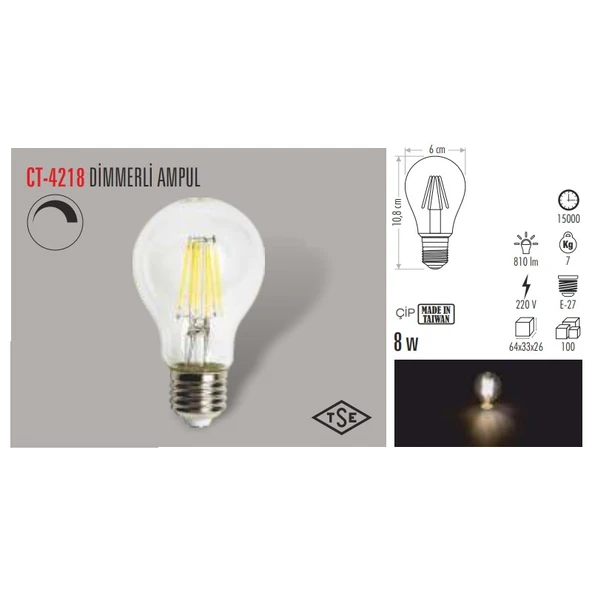 Cata CT-4218 8W/3000K Edison Dimlenebilir LED Ampul (Günışığı) - 2
