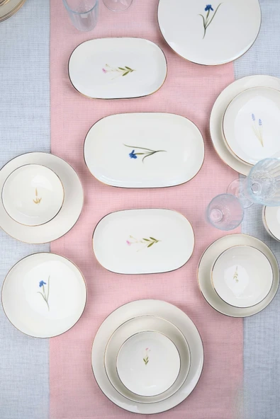 Tabak Evi Porselen Natura Karma Altın Yaldız Yemek Takımı Kayık Tabaklı 6 Kişilik 27 Parça