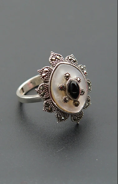 925 Ayar  Gümüş Kadın Sedef ve Oltu Taşı Yüzük sy00078 - Resim 3