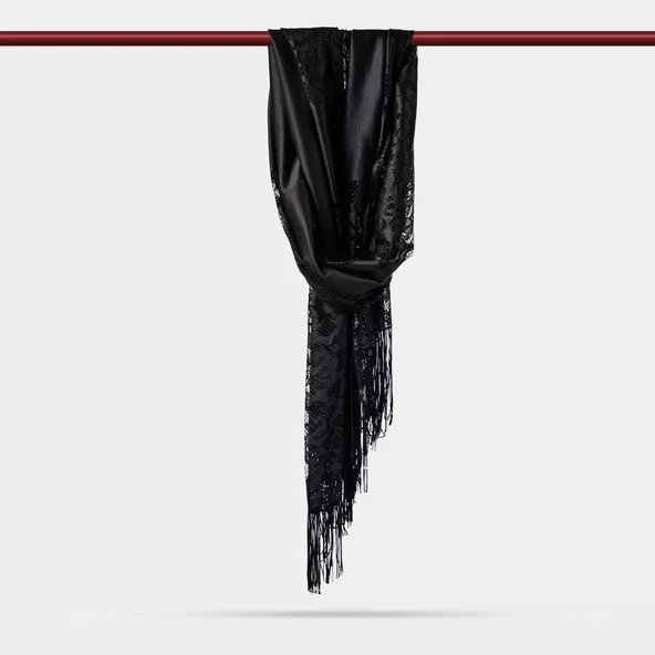Dantelli Püsküllü Şal (Mevlid Örtüsü, 166x61 cm. Siyah) - 2