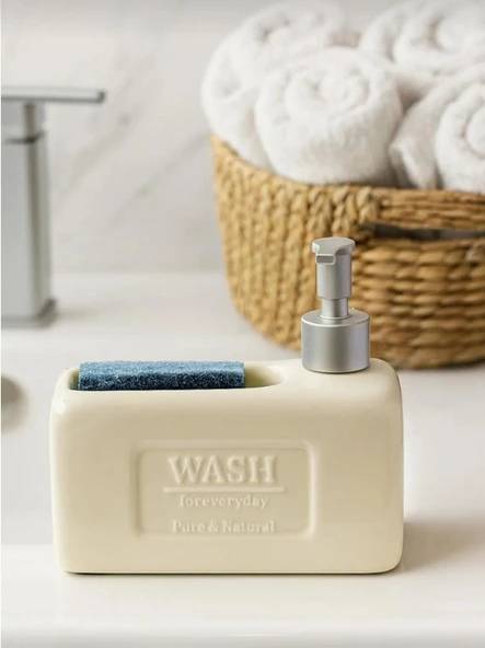 Şık ve Fonksiyonel Seramik Süngerlikli Sıvı Sabunluk/Deterjanlık, KREM, 500 ml - 4