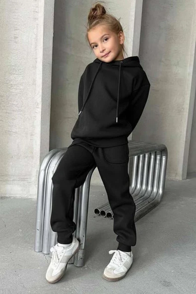 Kız Çocuk Şardonlu İp Detaylı Sweatshirt Pamuklu Siyah Eşofman Takım ürün görseli