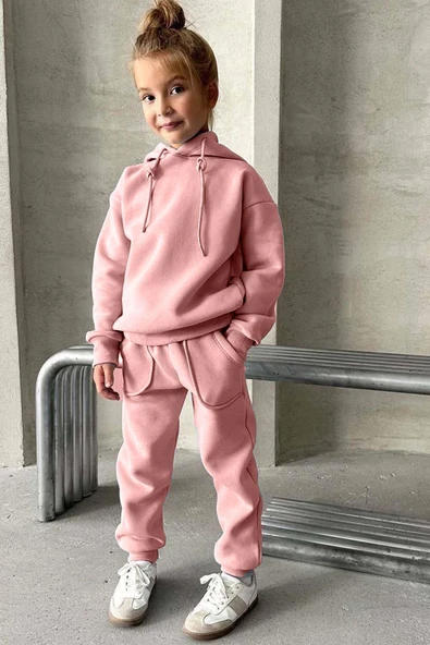 Kız Çocuk Şardonlu İp Detaylı Sweatshirt Pamuklu Pembe Eşofman Takım ürün görseli