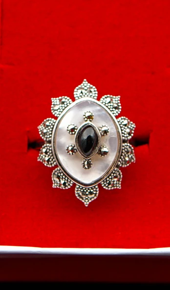 925 Ayar  Gümüş Kadın Sedef ve Oltu Taşı Yüzük sy00078 - Resim 4