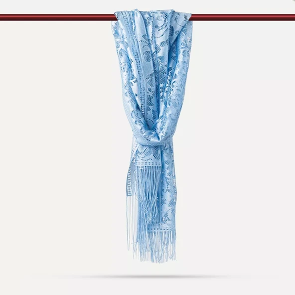 Dantelli Püsküllü Şal (Mevlid Örtüsü, 166x61 cm. Mavi) - Resim 2