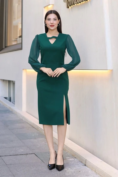 V Yaka Şifon Kollu Yırtmaçlı Midi Elbise 6015-Yeşil - Resim 3