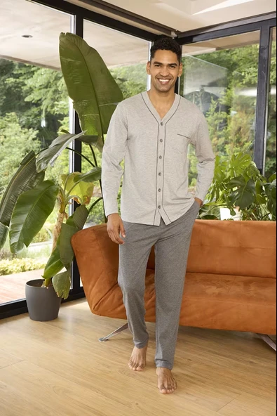 KLY V Yaka Boydan Düğmeli Battal Boy Erkek Pijama Takımı 9267 % 100 Pamuk - Resim 4