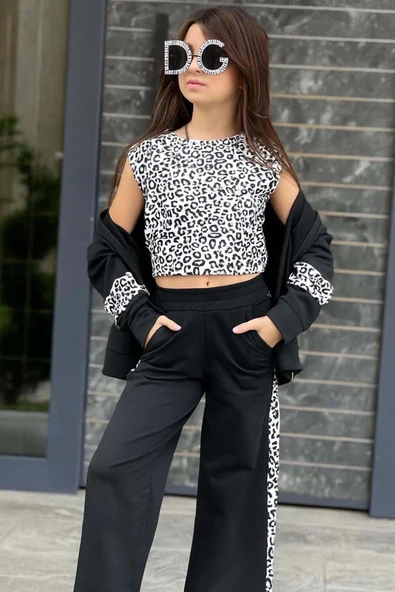 Kız Çocuk Leopar Baskılı Kolsuz Badi Leopar Şerit Detaylı Ceket Siyah Eşofman Takım - Resim 5