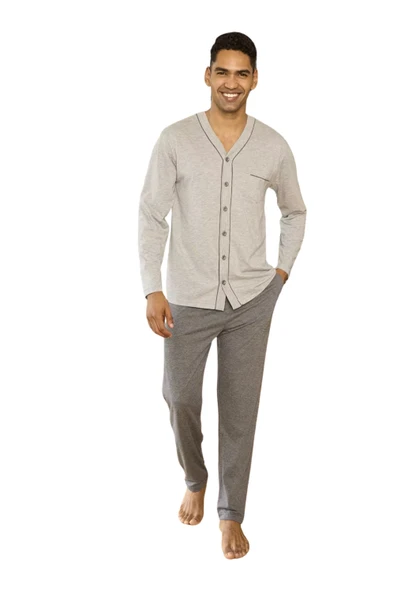 KLY V Yaka Boydan Düğmeli Battal Boy Erkek Pijama Takımı 9267 % 100 Pamuk ürün görseli