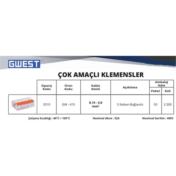 Gwest GW-415 Çok Amaçlı 5 Iletken Bağlantılı Klemens (10 adet) - 2