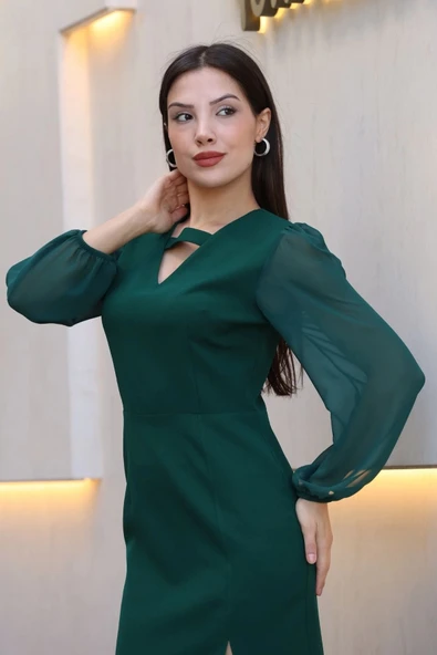 V Yaka Şifon Kollu Yırtmaçlı Midi Elbise 6015-Yeşil - Resim 6