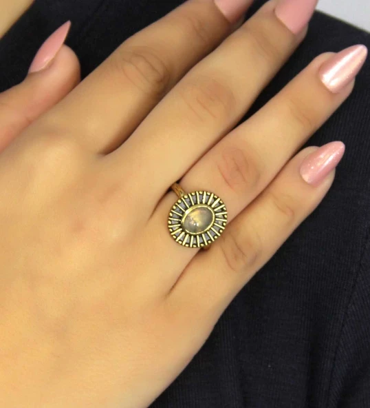 Doğal Taş Labradorit Doğal Taşlı Antik Model Kadın Ayarlanabillir Yüzük euy74lbt - Resim 2