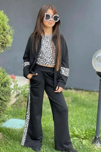 Kız Çocuk Leopar Baskılı Kolsuz Badi Leopar Şerit Detaylı Ceket Siyah Eşofman Takım - Resim 4