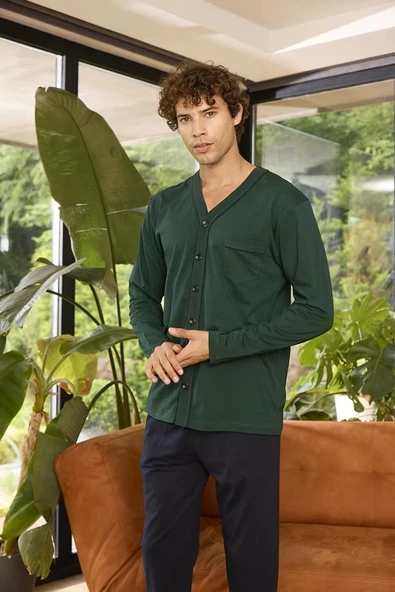 KLY V Yaka Boydan Düğmeli Battal Boy Erkek Pijama Takımı 9267 % 100 Pamuk - Resim 3