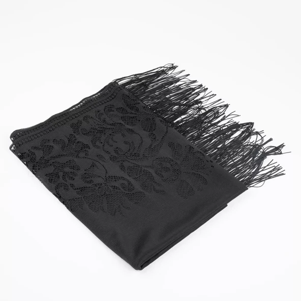 Dantelli Püsküllü Şal (Mevlid Örtüsü, 166x61 cm. Siyah)