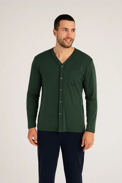 KLY V Yaka Boydan Düğmeli Battal Boy Erkek Pijama Takımı 9267 % 100 Pamuk - Resim 2