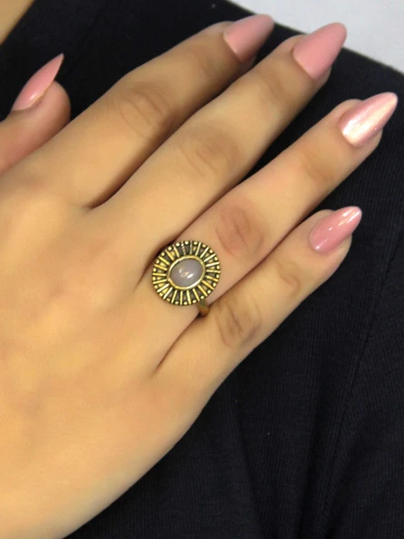 Doğal Taş Pembe Kuvars Yuvarlak Doğal Taşlı Antik Model Kadın Ayarlanabillir Yüzük euy74pk - Resim 2