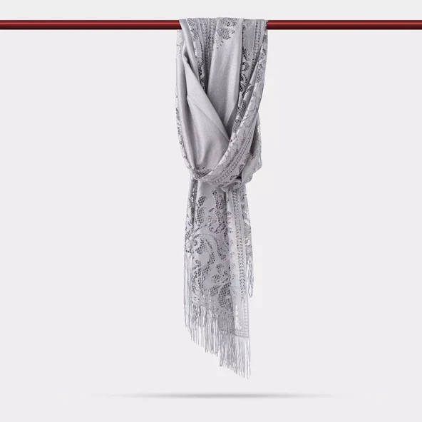 Dantelli Püsküllü Şal (Mevlid Örtüsü, 166x61 cm. Gri) - 2