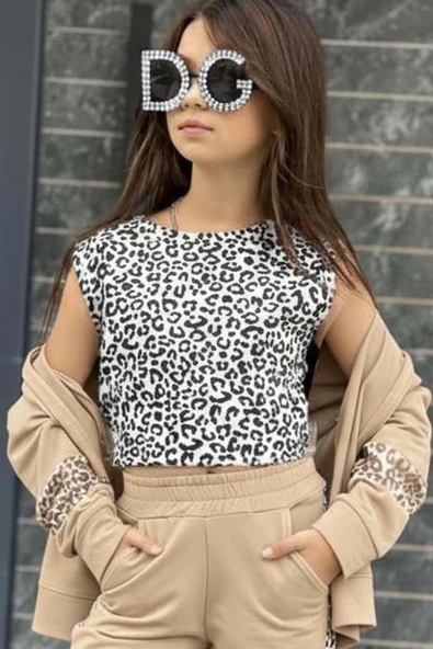 Kız Çocuk Leopar Baskılı Kolsuz Badi Leopar Şerit Detaylı Ceket Krem Eşofman Takım - Resim 3